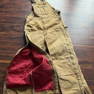 Carhartt Tan  Insulated Bib Overalls with Red quilted  Lining 34x34 read ….